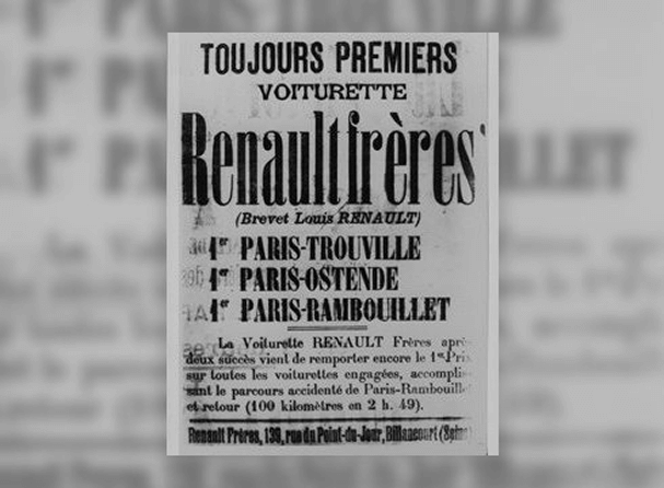 Anuncio publicitario sobre los primeros coches Renault en 1898