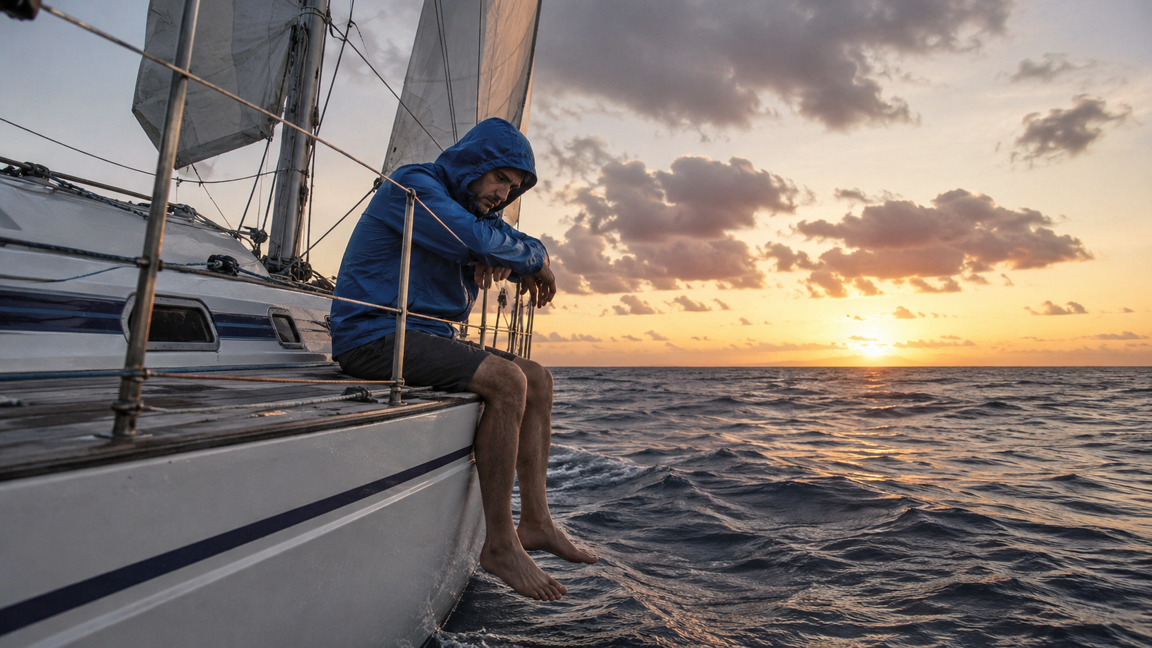 Persona en velero al atardecer con mar y cielo nublado.