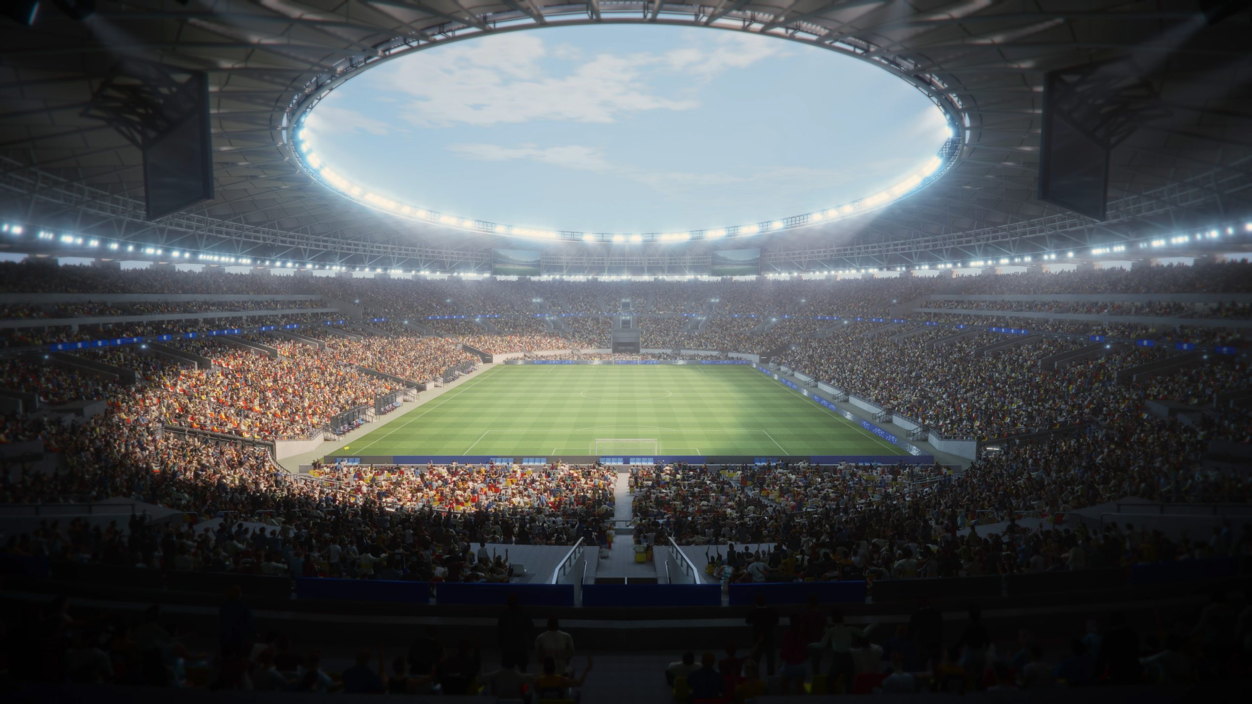 Estadio de fútbol lleno con campo y gradas iluminadas